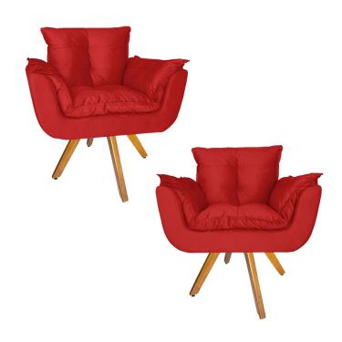 Imagem de Combo 2 Poltrona Decorativa Base Giratória De Madeira Salão Opala Suede Vermelho - LM D...