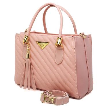 Imagem de Bolsa Feminina Média OEM Linea Shopbag Bordada em Couro Sintético 24x18x10cm Rosê Feminino