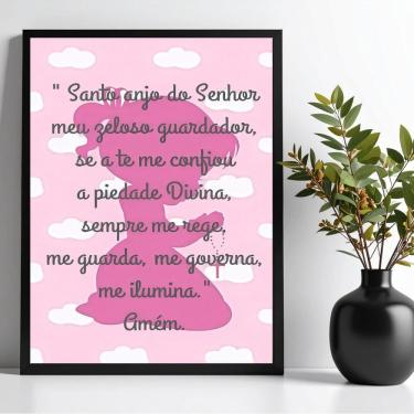 Imagem de Quadro Decorativo Infantil Santo Anjo - Nuvens Rosas 45x34cm - com vidro