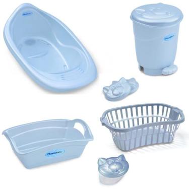 Imagem de Kit banho bebe plastibaby 6 pçs banheira cesto lixeira saboneteira por