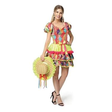 Imagem de Vestido Caipira Feminino Adulto Colorido Com Babados - Fantasias Carol