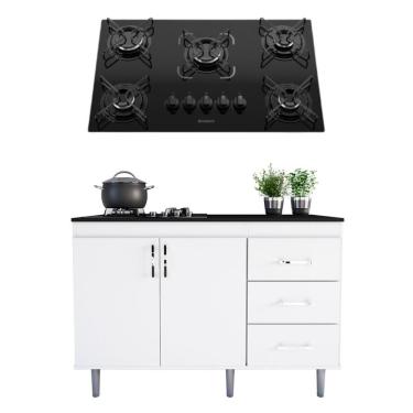 Imagem de Conjunto Balcão para Cooktop Turim 2 Portas 3 Gavetas Mdf-mdp 120cm Branco Movelove