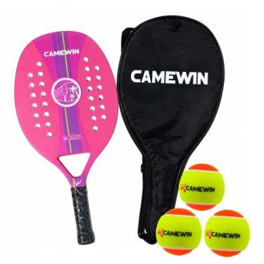 Imagem de Raquete Beach Tennis Camewin Fibra de Carbono + 3 Bolinhas, Rosa