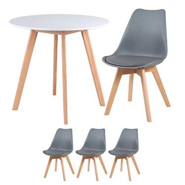 Imagem de Loft7, Kit Mesa redonda Leda 80 cm branco + 3 cadeiras estofadas Leda cinza escuro