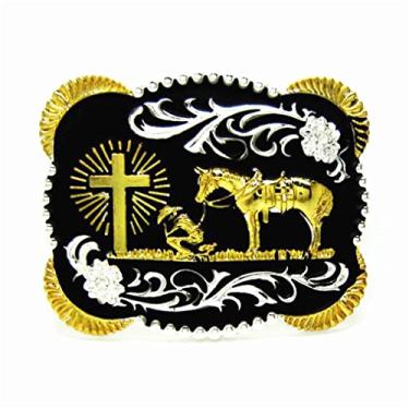 Imagem de MASOP 3D Retangular caubói caubói Oração Ouro Cruz Cinto Fivela Metal Masculino