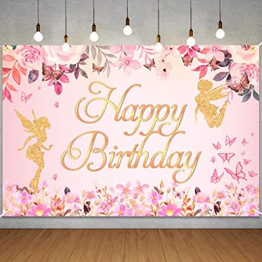 Imagem de Borboleta Fada Aniversário Pano de Fundo Decorações Floral Borboletas Tema Fundo de Aniversário para Bebês Meninas Mulheres Fotografia Decoração de Festa Suprimentos Rosa