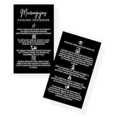 Imagem de Cartões de instruções de cuidados de pós-tratamento Microneedling espanhol | Pacote com 50 | Tamanho do cartão de visita de 5 x 8,9 cm | Preto PMU com ícones brancos