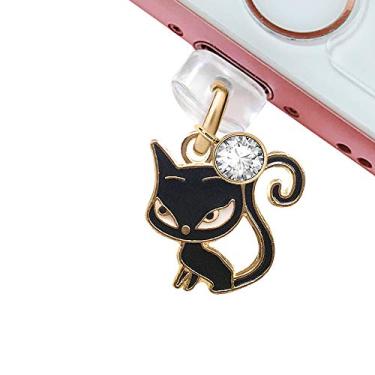 Imagem de ELISE & FONDA CP234 porta de carregamento USB antipoeira plugue fofo gato gatinho pingente de telefone para iPhone 11/ XS MAX/XR/X/8 Plus/7/6S/8/SE iPad iPod (preto)