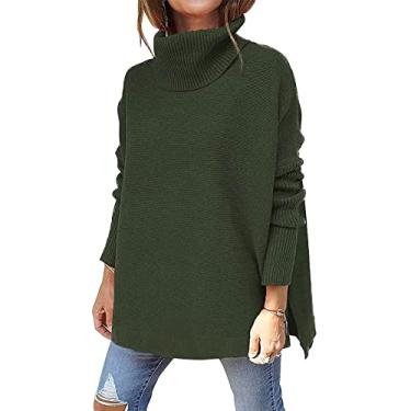 Imagem de Suéter feminino de malha gola rolê manga longa suéter de malha outono inverno pulôver suéteres, verde, P