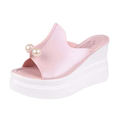 Imagem de Sandálias femininas sapatos de anabela impermeáveis femininos de fundo grosso sólido pérola chinelos femininos cunha de areia direita, rosa, 8
