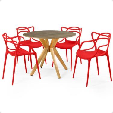 Imagem de Conjunto Mesa de Jantar Redonda Marci Natural 100cm com 4 Cadeiras Allegra - Vermelho