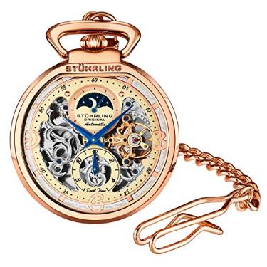 Imagem de Relógio de bolso masculino Stuhrling Original, relógio de esqueleto automático para homens – relógio de bolso dourado – relógio mecânico com clipe de cinto e corrente de aço inoxidável – submostrador duplo de hora AM/PM, Rose Gold