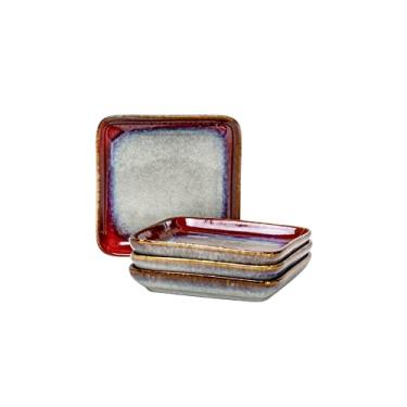 Imagem de Conjuntos de pratos quadrados de cerâmica - sobremesa, aperitivo, lanche, prato de jantar pequeno resistente a arranhões, prato de porcelana para servir no micro-ondas e forno, pode ser lavado na lava-louças - conjunto de 4, vermelho reativo