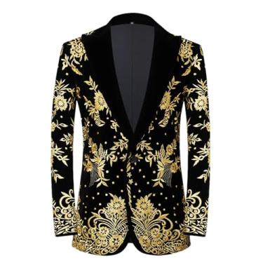 Imagem de Blazer masculino dourado bordado slim fit um botão smoking blazer festa banquete palco vestido blazer blazer, Preto, Medium
