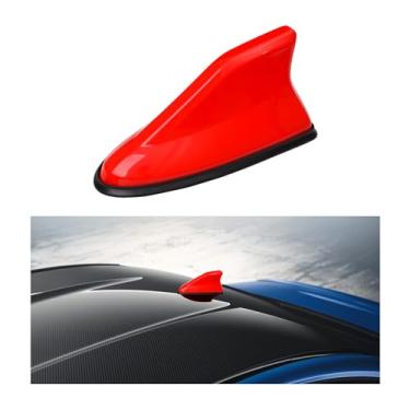 Imagem de Augeny Capa de antena de barbatana de tubarão, super funcional para carro AM/FM, sinal de rádio AM/FM, cobertura aérea com base de fita adesiva, substituição de antena de acessórios de veículo para carro SUV caminhão van (vermelho)