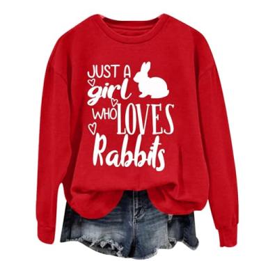 Imagem de Camiseta feminina PKDong Easter Day Just A Girl Who Loves Rabbits estampada casual fofa coelhinho da Páscoa blusa solta, Vermelho, M