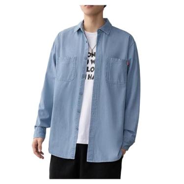 Imagem de Camisa jeans masculina, manga comprida, caimento solto, cor lisa, gola aberta, bolsos frontais, Azul claro, G