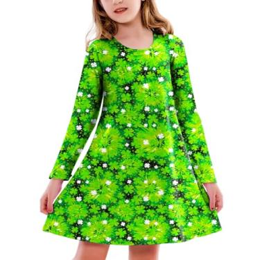 Imagem de Vestido de manga comprida para o Dia dos Namorados para meninas vestido camiseta estampado Mardi Gras 3-12 anos, S Trevo Tie Dye, 9-10 Anos