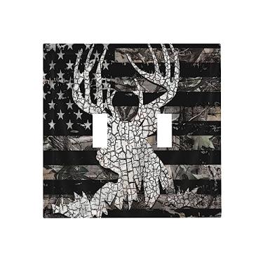 Imagem de Rústico caça floresta camuflagem bandeira americana dos EUA veado alce chifres animais animais selvagens 2 entradas interruptor de luz interruptor duplo placa de parede tampa de tomada placa frontal elétrica placa de interruptor interior decoração rural