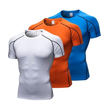 Imagem de Camisetas masculinas de compressão de manga curta para corrida, camisetas esportivas esportivas, 3 peças #com+azul + laranja#53, GG