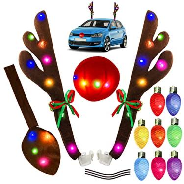Imagem de Chifres de rena para carros, kit de decoração de carro com chifres de rena de Natal com luz LED colorida, decorações de carro com chifres, nariz vermelho, cauda, sino, lâmpadas refletoras adequadas