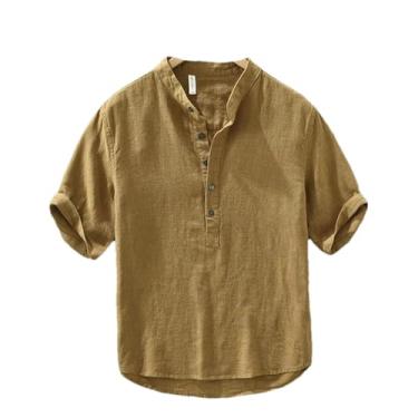 Imagem de Pulôver casual de algodão de linho de verão para homens roupas vintage manga curta streetwear camisa, Marrom escuro, M