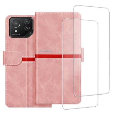 Imagem de ESACMOT Capa de celular compatível com Asus Rog Phone 8 + [2 unidades] película protetora de tela de vidro, capa protetora magnética de couro premium para Asus Rog Phone 8 (6,7 polegadas) rosa