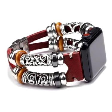 Imagem de Pulseira Bracelete Couro Tribe Miçanga Compatível com Apple Watch 41mm 40mm 38mm 42mm 44mm 45mm 49mm (38/40/41mm, Vermelha)