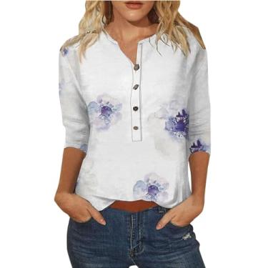 Imagem de Camisetas femininas Henley com estampa floral, manga 3/4, caimento solto, elegante, túnica, Roxa, M