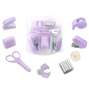Imagem de Pacote com 8 mini kits de material de escritório, material escolar – Inclui mini grampeador, tesoura, removedor de grampo, perfurador, apontador de lápis, dispensador de fita (roxo)