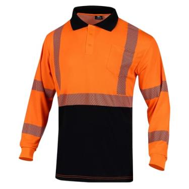 Imagem de VENDACE Camiseta polo masculina refletiva de segurança Hi Vis de manga comprida ANSI Classe 3 de alta visibilidade, Laranja, GG