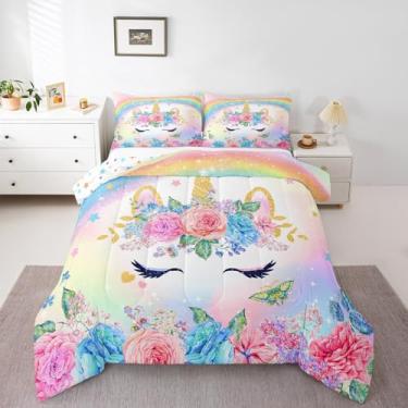 Imagem de Feelyou Conjunto de edredom Queen Size de unicórnio colorido 3D, decoração de quarto de crianças, meninas, arco-íris, ultramacio e fofo