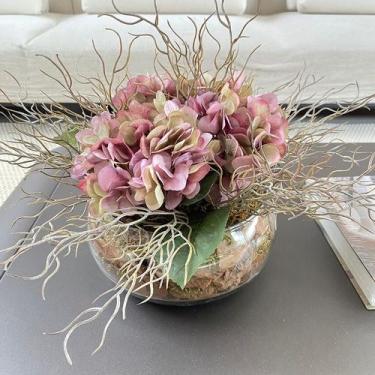 Imagem de Arranjo Grande Centro de Mesa Hortênsias Lilás Artificial Vaso Incolor