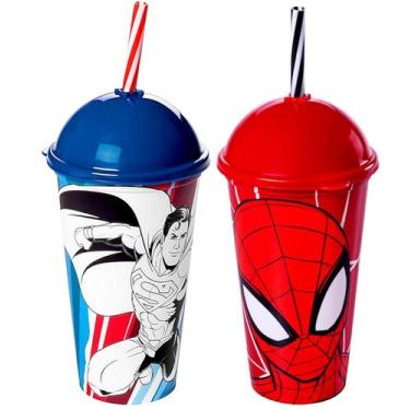 Imagem de 2 Copos Shake 500ml Plasútil Original com Canudo Homem Aranha e Super 