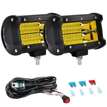 Imagem de AveneMark 2 pçs 5" 72W LED barra de luz feixe de inundação neblina condução luzes off-road com kit de chicote de fiação 16AWG - 2 chumbo (Amarelo)