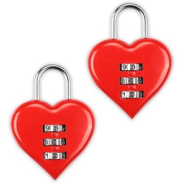 Imagem de 2 peças de fechadura de combinação vermelha, cadeado digital com 3 senhas em formato de coração, mini cadeado de portão combinado ao ar livre para armário de academia escolar, portão de cerca, caixa