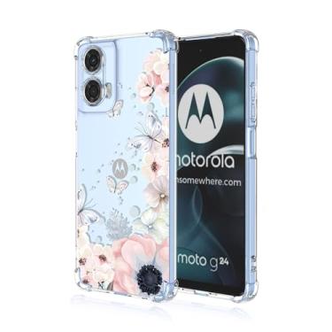 Imagem de RRXSYXL Capa para celular Motorola G04, Moto G24 com estampa floral transparente e borboletas, capa de TPU macio com proteção à prova de choque para Moto G04 (flores rosa/borboletas)