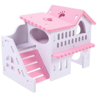Imagem de LOGOFUN Hamster House Guinea Pig Hideout Double-layer Hamster Hideout Small Animal Villa House for Small Pet Cage Accessory - Pink White