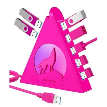 Imagem de JoyReken Hub USB Howling Wolf – 7 portas USB 3.0 – Rosa choque – Plug and Play – Cabo longo de 1,2 m, para laptop, PC, pen drive, HDD, console, impressora, Keyborad, mouse e muito mais (carregamento não suportado)