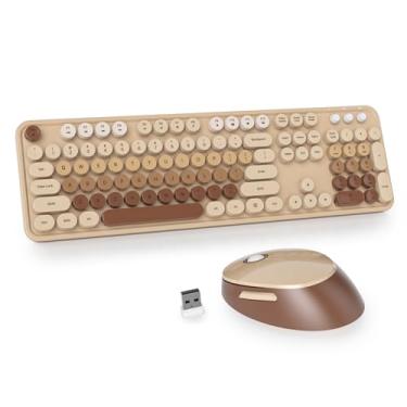 Imagem de Owpkeenthy Teclado e mouse marrom sem fio, lindo teclado de máquina de escrever colorido, tamanho completo com teclado numérico, teclas redondas para desktop, laptop e computador (marrom gradiente)