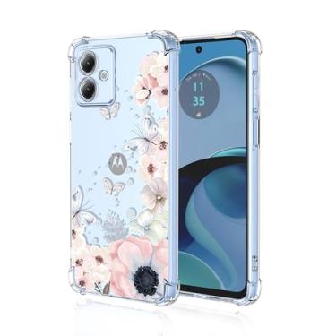 Imagem de RRXSYXL Capa para celular Moto G14 com estampa floral transparente e borboletas, proteção à prova de choque, capa de TPU macio para Motorola G14 (flores rosas/borboletas)