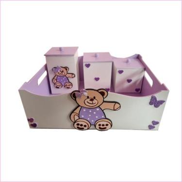 Imagem de Kit Higiene Bebê MDF 4 Peças Cesta Organizadora Ursinha Lilás - Canaã 