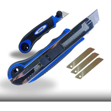 Imagem de Cortador Tipo Estilete Profissional 18mm, Cabo Emborrachado, 3 Lâminas, Recarregador Automático, Aço Inox