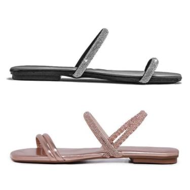 Imagem de Novo Hábito, Kit 2 Rasteirinha Feminina Tira Dupla & Sandália Holográfica Cor:Preto e Bronze;Tamanho:40