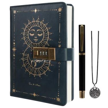 Imagem de TIEFOSSI Diário com fechadura, sol e lua com cadeado para mulheres e homens, caderno recarregável A5 com trava para escrever, 224 páginas numeradas