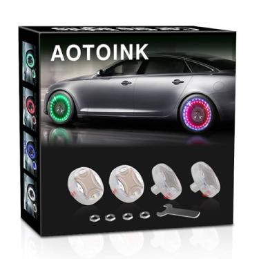 Imagem de AOTOINK Luzes de pneu de roda de carro, 4 peças de luz solar LED para válvula de ar do bocal da roda do carro com sensores de movimento flash colorido RGB aviso decorativo neon LED para carros,