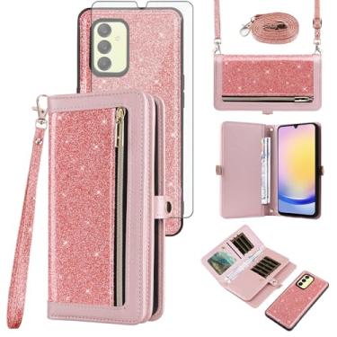 Imagem de Asuwish Capa de celular para Samsung Galaxy A25 5G/A24 4G/M34/F34 /F34 Capa de celular destacável com protetor de tela de vidro temperado, alça com glitter, suporte para cartão A 25 25A 24A LTE