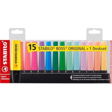Imagem de Marca Texto – STABILO BOSS ORIGINAL – Estojo com 15 unidades + Suporte de mesa – Em 15 cores