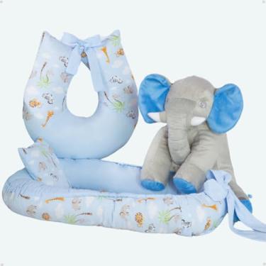 Imagem de Mini Berço Redondo Safari Almofada Amamentação Elefante 60cm (Safari Azul)