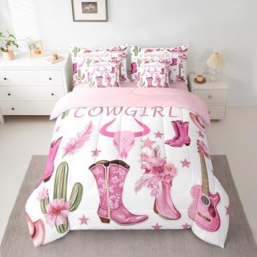 Imagem de Conjunto de edredom Queen com 7 peças, botas de meninas, chapéus, violão, cacto do oeste, caubói selvagem em uma bolsa com edredom, lençol com elástico, lençol de cima e fronhas